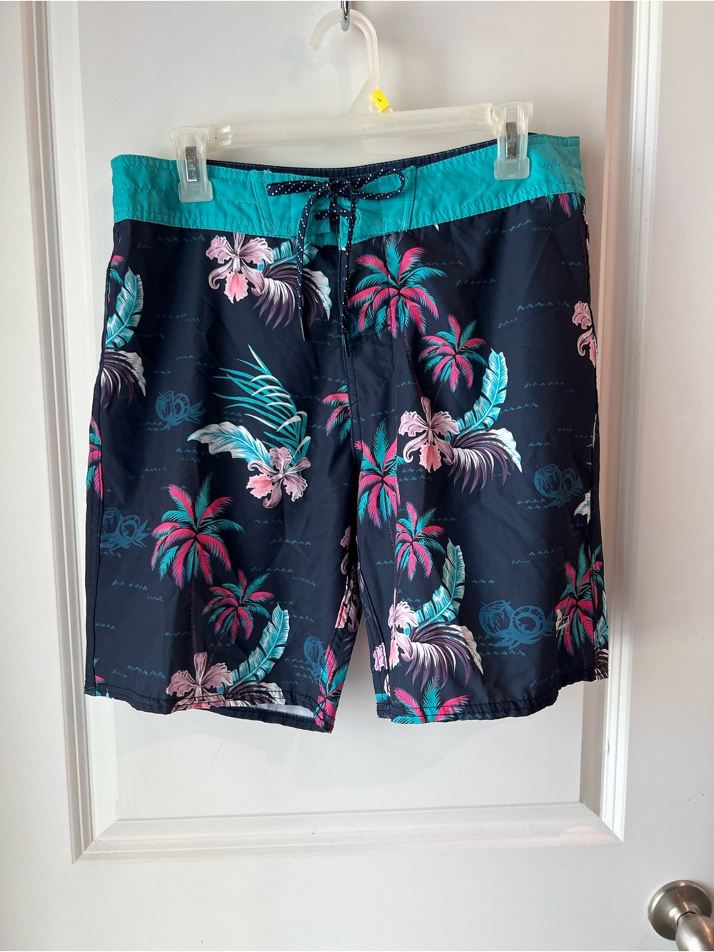 Men's Tropical Navy Swim Trunks with Teal Waistband. Waist 32
